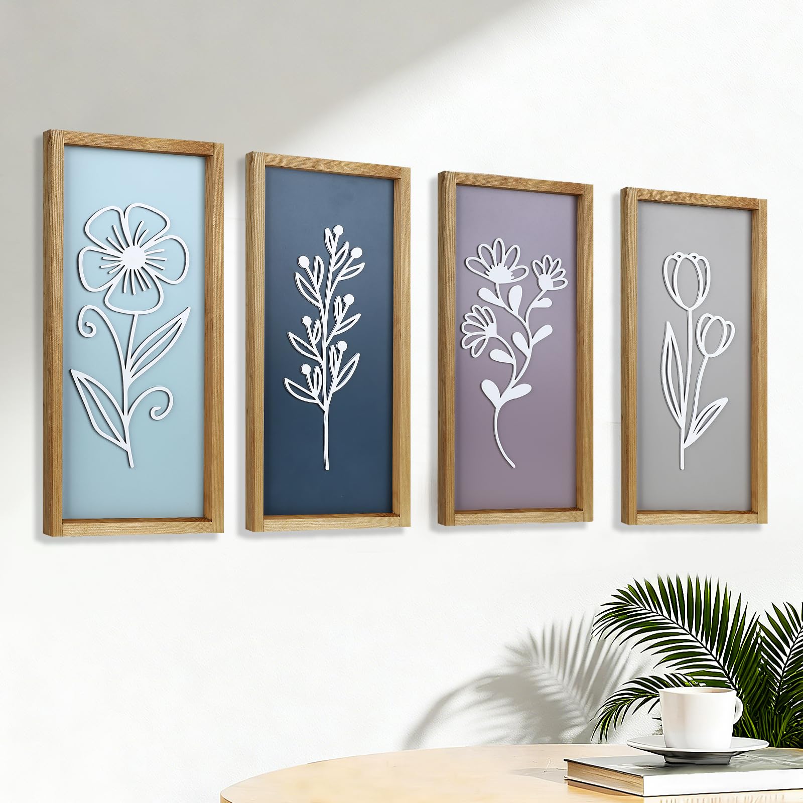 YiYa 4 Piece 3D Wooden Floral Wall Art Decorative Wooden Wall Art Farmhouse Bohemian Wall Art for Living Room Bedroom Office Kitchen Wall Decor(Colorful)