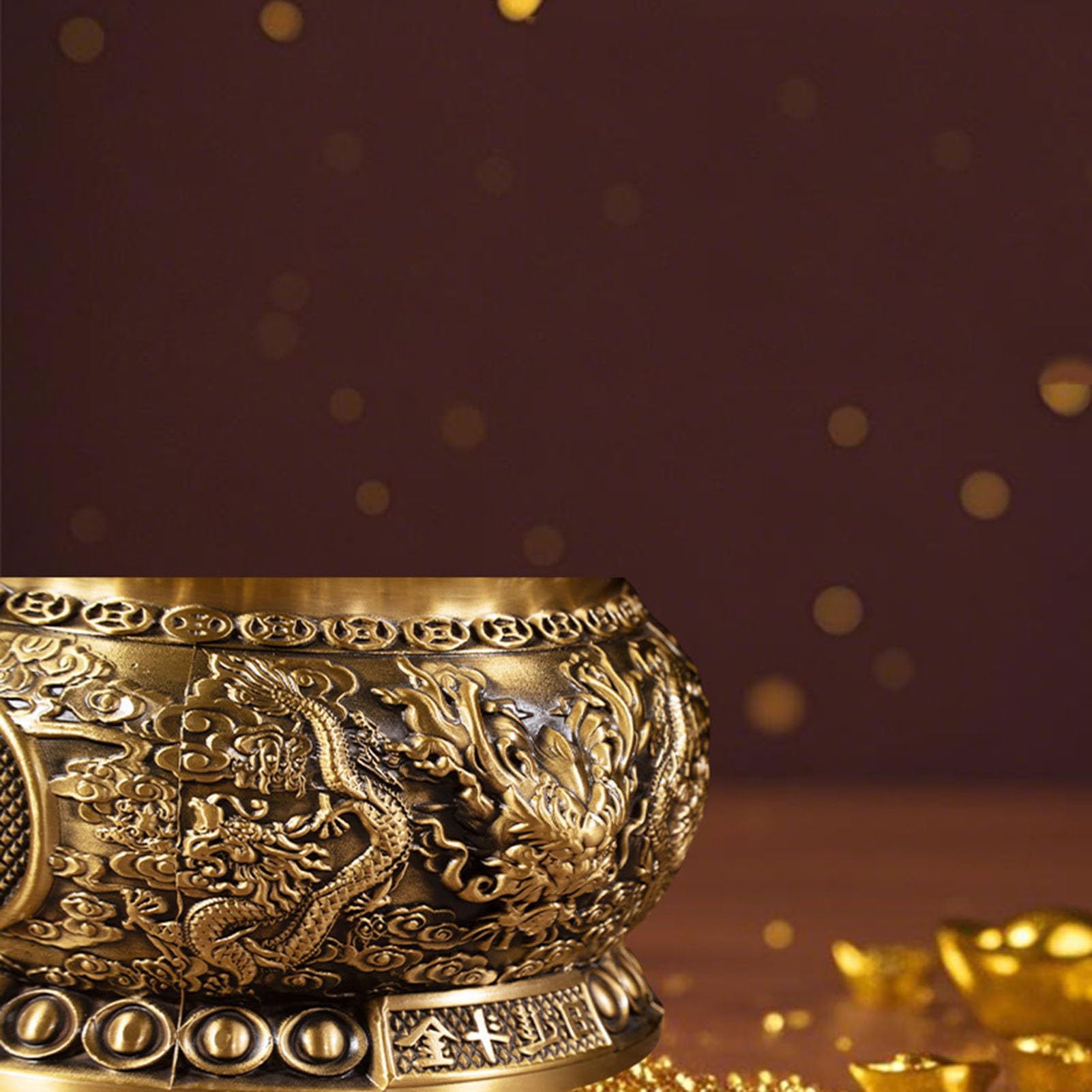 Miska na skarby Feng Shui z pokrywką i sztabką cytrynu - mosiężny symbol bogactwa ze złotym kryształem do dekoracji biurka w domu,18CM