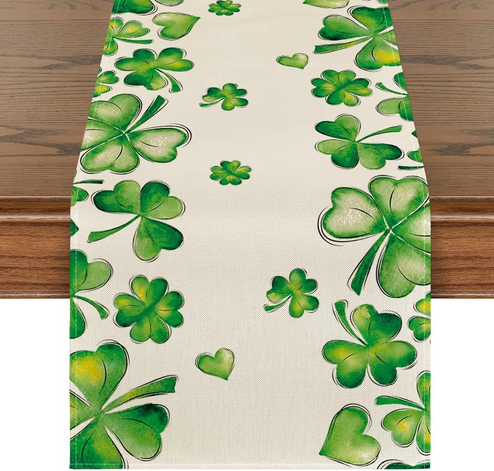 Artoid Mode Green Shamrock Bushes St. Patrick's Day Table Runner, Seasonal Spring Holiday Kitchen Dining Table Decoration for Indoor Outdoor Home Party Decor 13 x 36 Inch