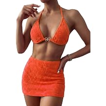 3 Piece Bikini Set for Women Halter Triangle Tie Side Swimsuit with Cover Up Skirt