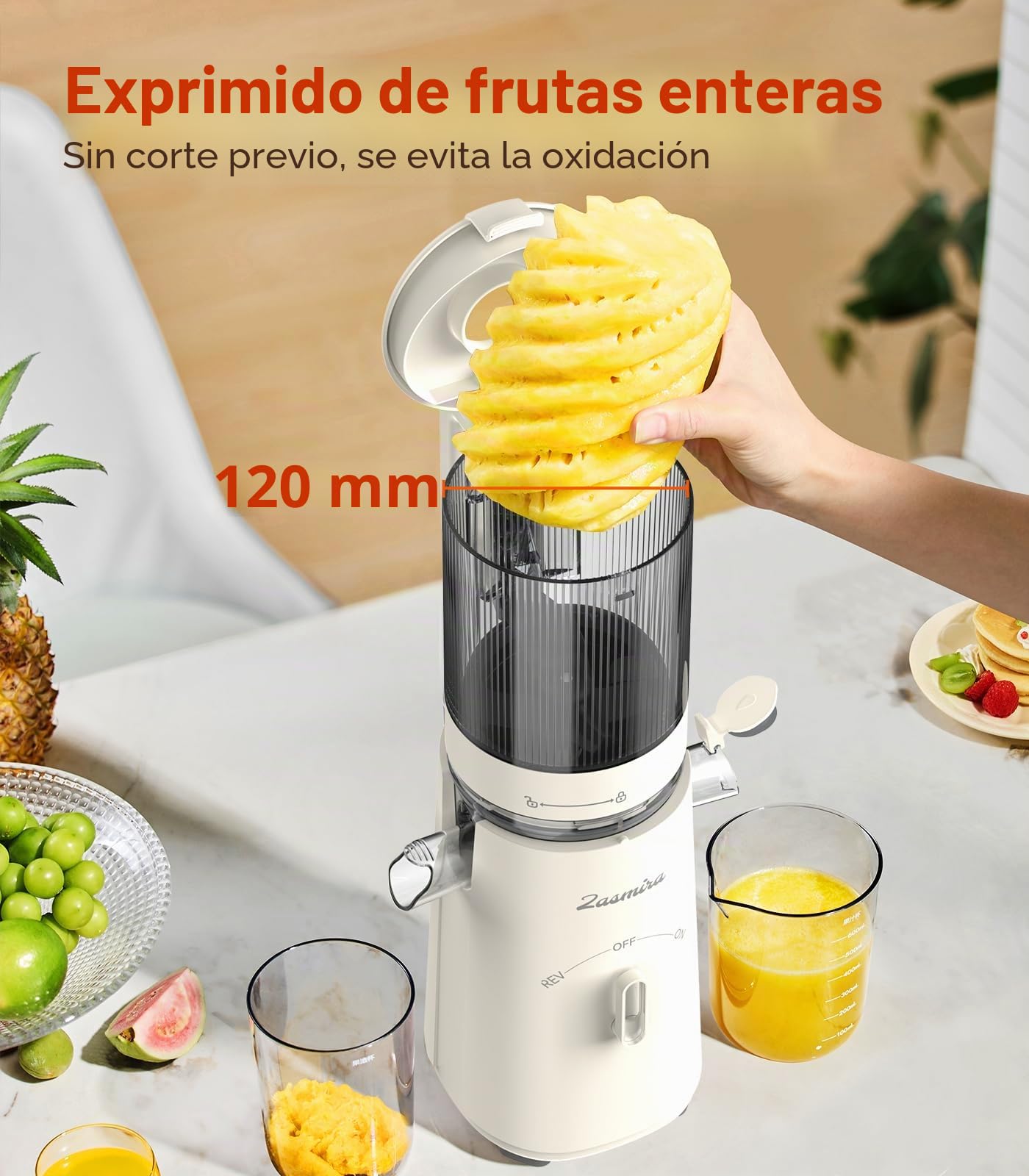 Zasmira Extractor de Zumos, Slow Juicer con Apertura de 120MM, Exprimidor en Frío 2L de Acero Inoxidable para Verduras y Frutas Completas, Fácil de Limpiar, Plata