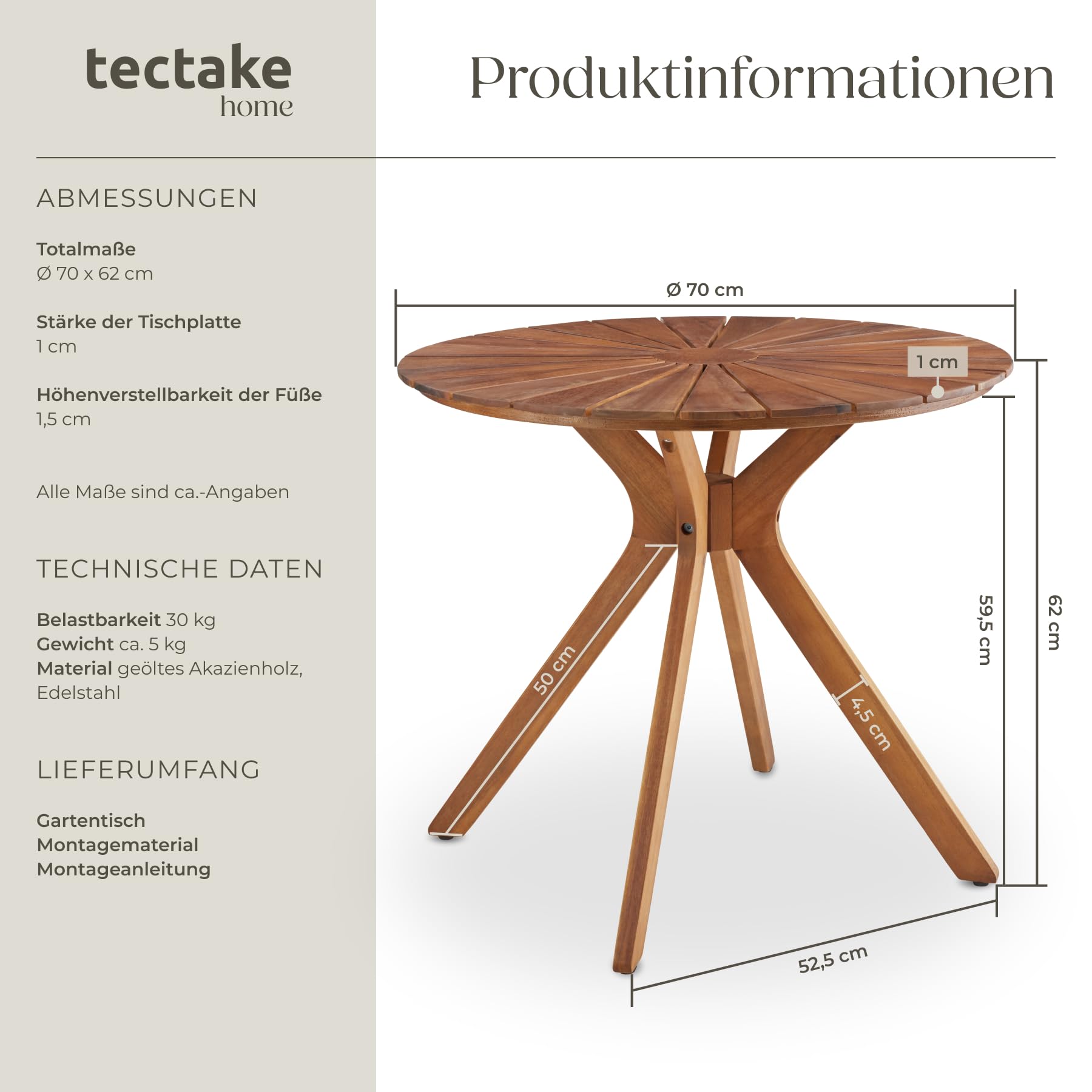 tectake® Massivholz Gartentisch, 70 x 70 x 62 cm, rund, wetterfest, X-Gestell, höhenverstellbar, Gartenmöbel, Akazienholz Gartentische, Outdoor Tisch, Gartentisch, Tischplatte mit Sonnenmuster