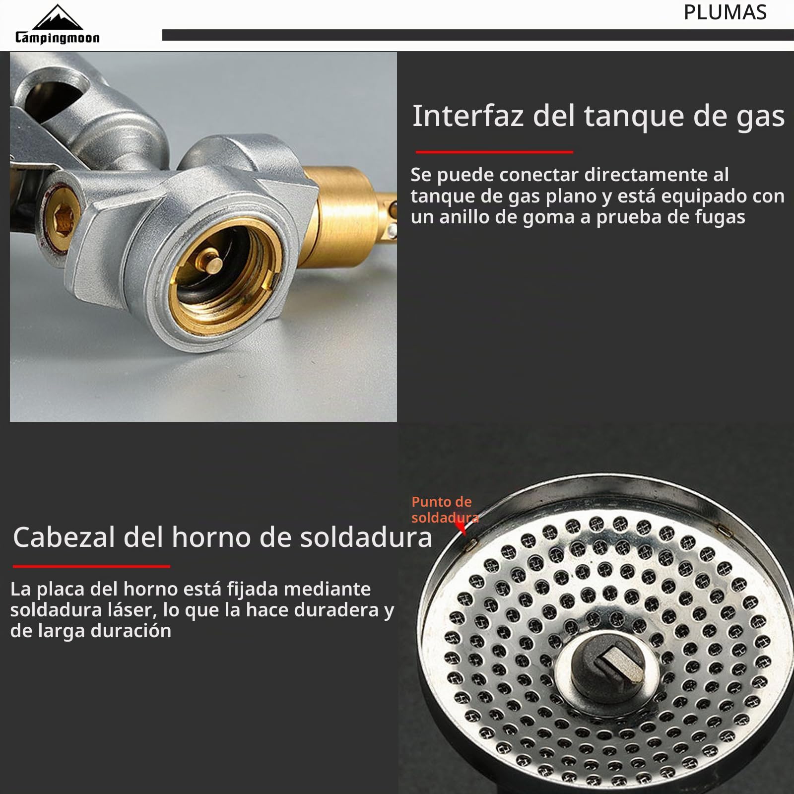 Campingmoon - Estufa de gas compacta para camping, portátil, 4 flexibles, con encendedor