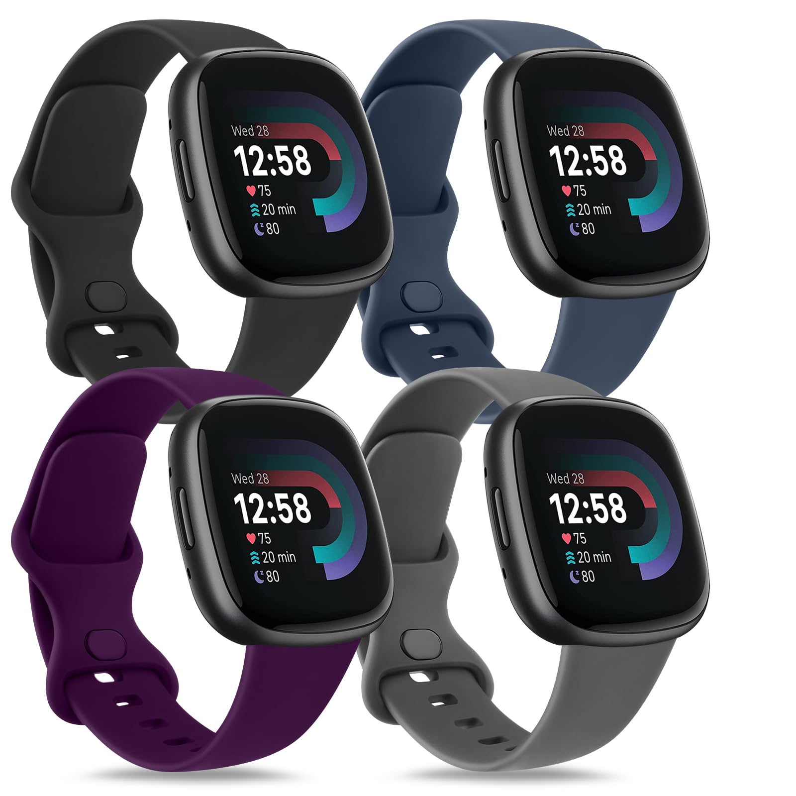 4 PACK Bands Compatible with Fitbit Versa 4 & 3 Bands/Sense 2 / Sense Band Women Men, Classic Soft Straps for Fitbit Versa 4 / Versa 3 /Sense 2 /
