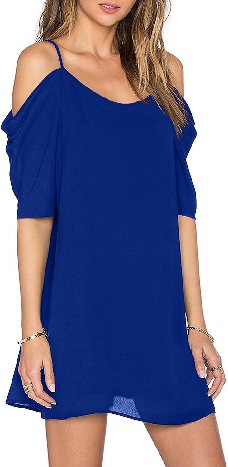 Angelady Women Sexy Cut Out Cold Shoulder Adjustable Spaghetti Straps Dress Top,Blue,Large