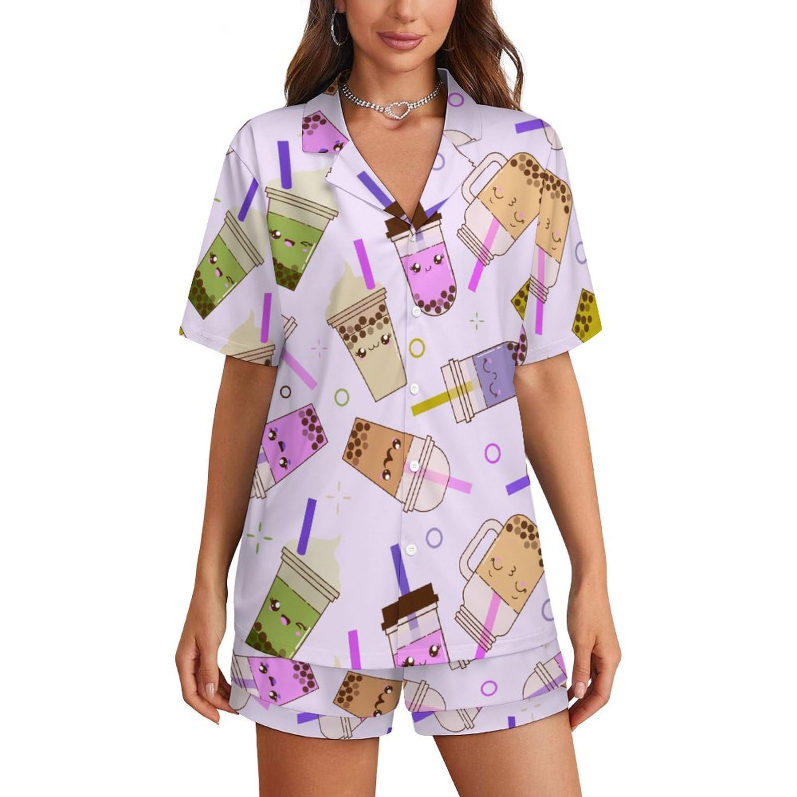 SMAZDFXX Cute Cartoon Bubble Tea Pattern Women's Pajamas Sets Short Sleepwear V Neck Loungewear