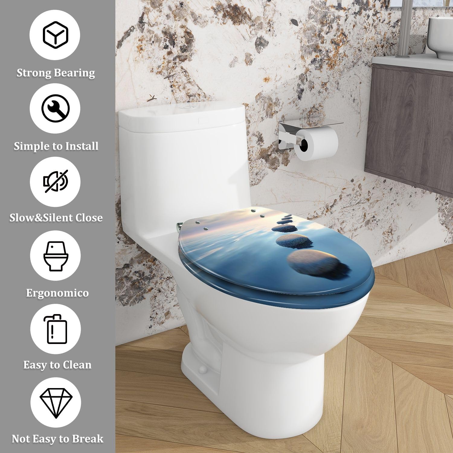Asiento de inodoro alargado de resina para baño