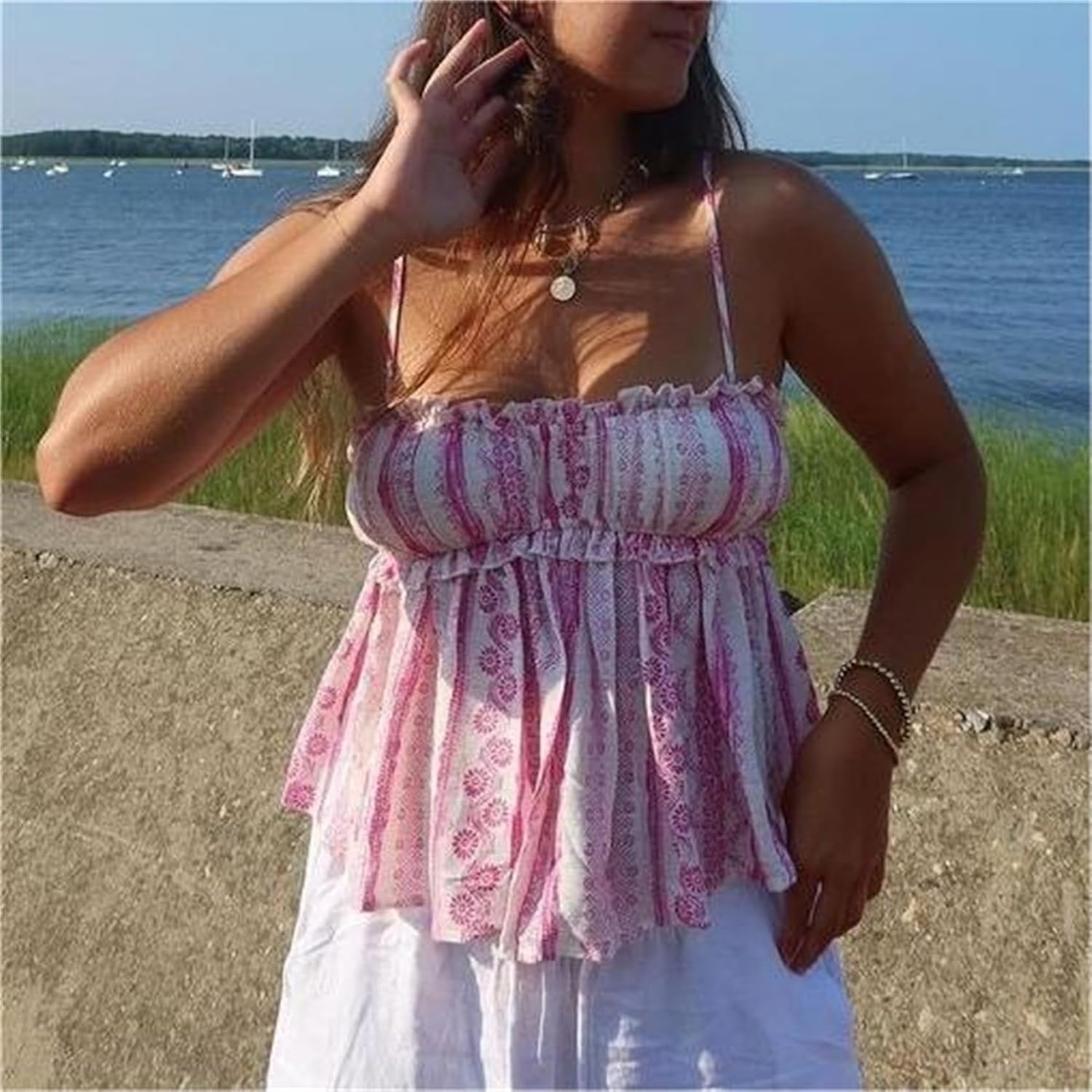 Women Y2K Floral Babydoll Top Sleeveless Spaghetti Strap Ruffle Tank Top Summer Cute Flower Print Peplum Cami Vest - Image 2