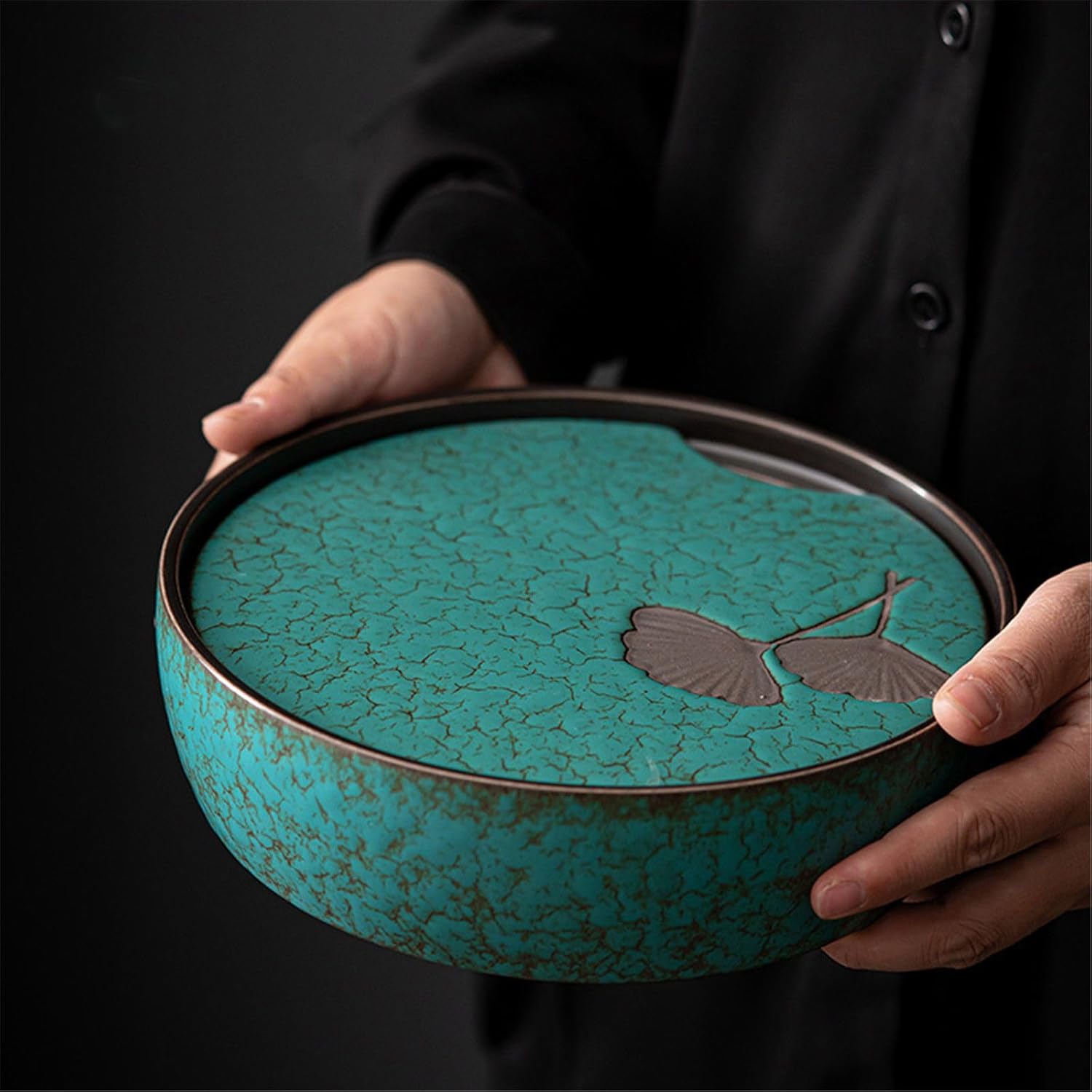Ceramic Tea Tray, Home Use, Round Gongfu Tea Set, Small Tea Table Style Dry Brewing Tray, Tea Tray, Retro Tea Sea-Color1