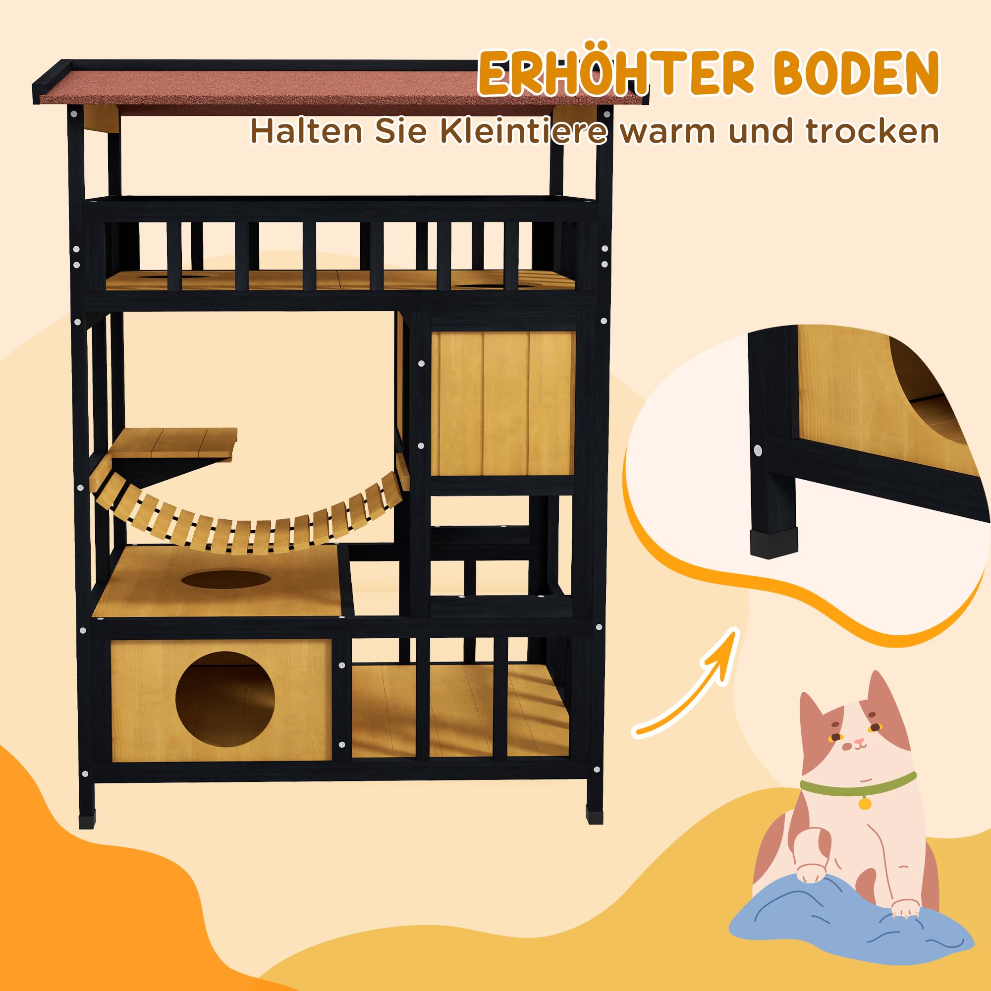 PawHut maison en bois pour chats Cave à chats avec plates-formes, pont suspendu, niche pour jusqu'à 2 chats, intérieur et extérieur, jaune