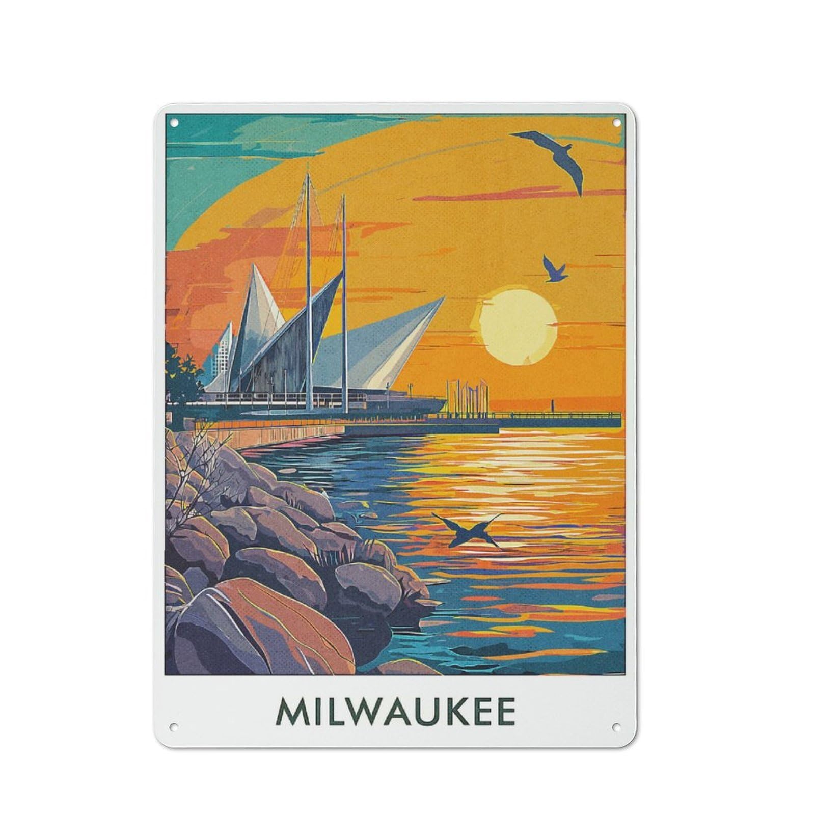 Milwaukee Sunset Metal Wall Plaque 40x30cm, Character Room Wall Plaque for Hallway, Home Bar, Garage Or Study
