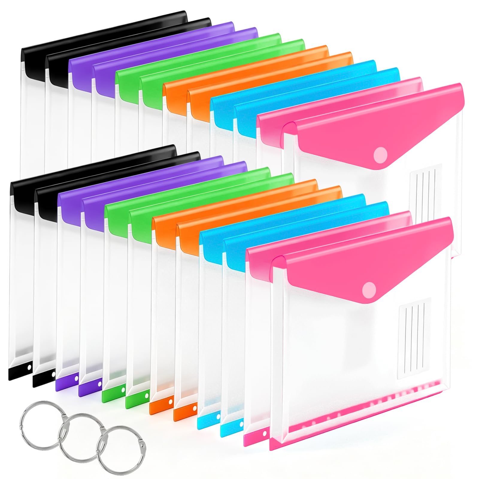 24 Pack Binder Folders with Pockets 11 Holes Expandable Dividers for 2/3/4 Ring Document Pouch with Label Loose-Leaf Transparent Binder Organizer for School Home Office(Side-Opening)