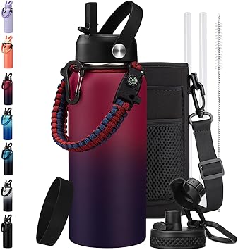 BENZZO 32oz Insulated Water Bottle with Straw & Spout Lids, Paracord Handle, Bottle Sleeve, Silicone Boot, Thermal Metal Jug Keep Cold 48H & Hot 24H, Hydro Bottle for Travel Work Camping