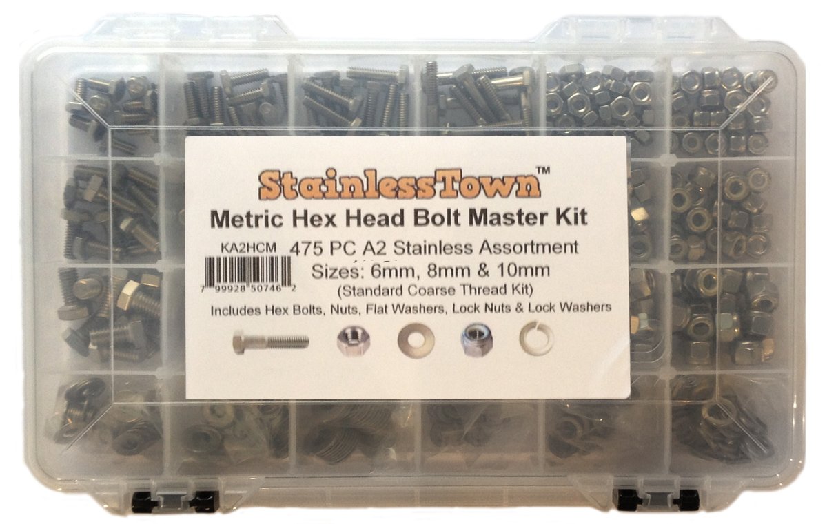 stainlesstown A2 Edelstahl Metrisches Master Sechskantschraube Sortiment Set mit Gratis Größe Gauge