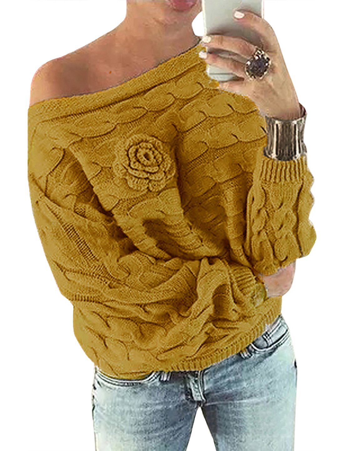 Women Off Shoulder Bat-Wing Sleeves Random Print Floral Sweater Jumper