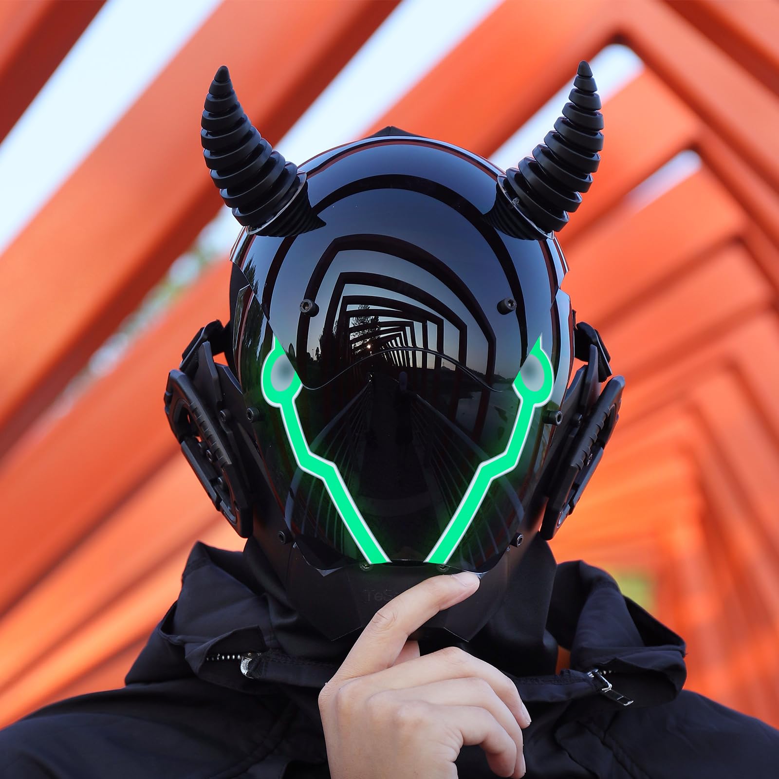 Punk Mask Cosplay for Men Red Stripe Light with Detachable Devil Horns Techwear Futuristic Halloween Samurai Full Face