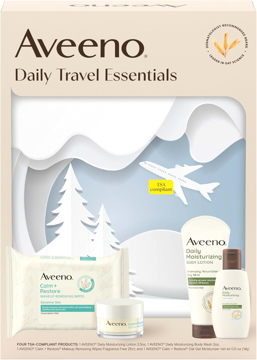 Aveeno Daily Travel Essentials Gift Set with Daily Moisturizing Lotion, Daily Moisturizing Body Wash, Calm + Restore Makeup Removing Wipes, & Calm + Restore Oat Gel Moisturizer, 4 items