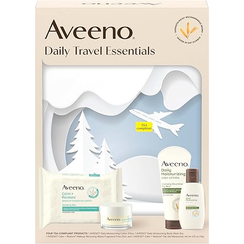Aveeno Daily Travel Essentials Gift Set with Daily Moisturizing Lotion, Daily Moisturizing Body Wash, Calm + Restore Makeup Removing Wipes, & Calm + Restore Oat Gel Moisturizer, 4 items
