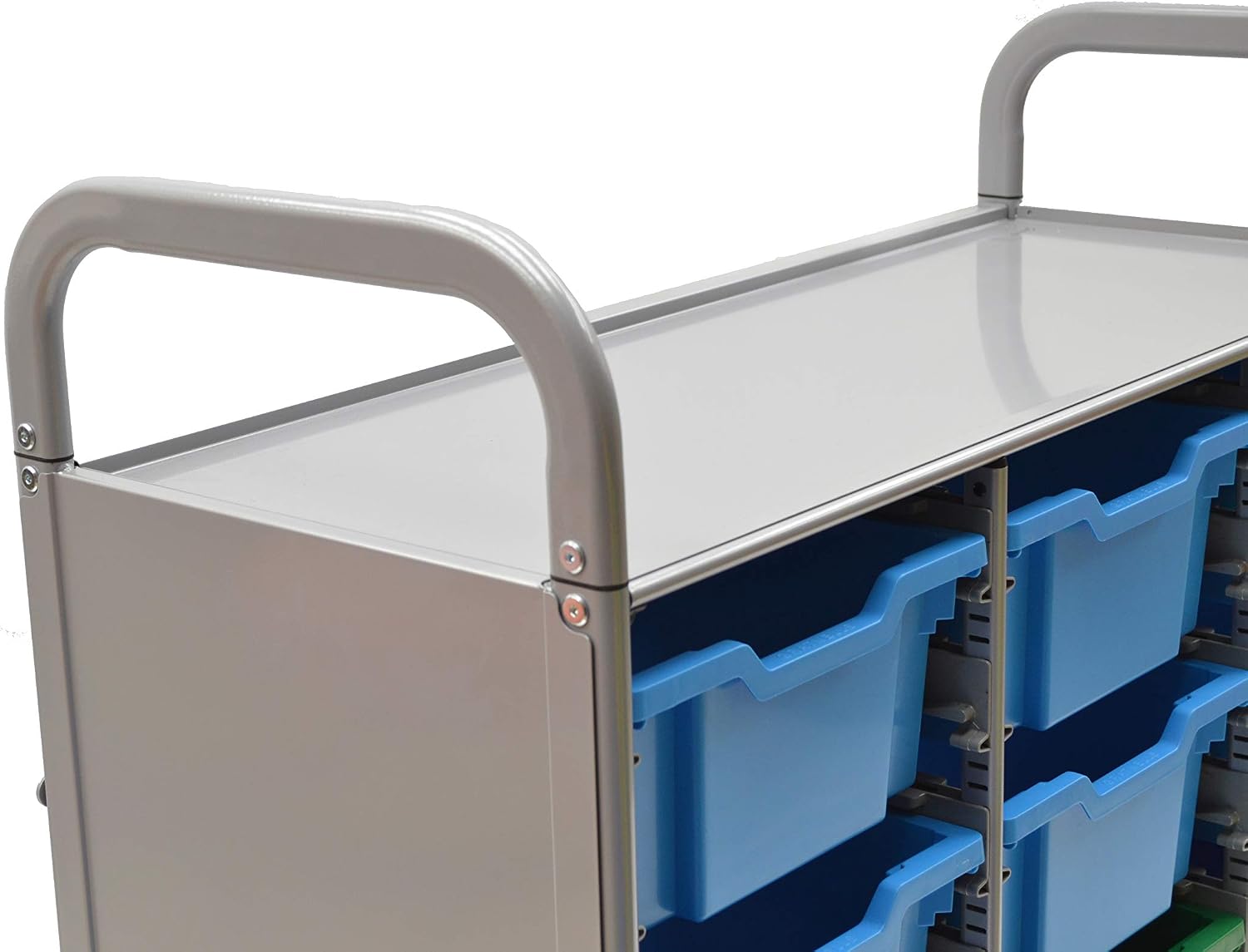 Gratnells Callero Plus Treble School Activity Cart, Silver, 12 Deep Cyan Blue F2 Trays, Rolling Storage Education & Business Organizer, Castors