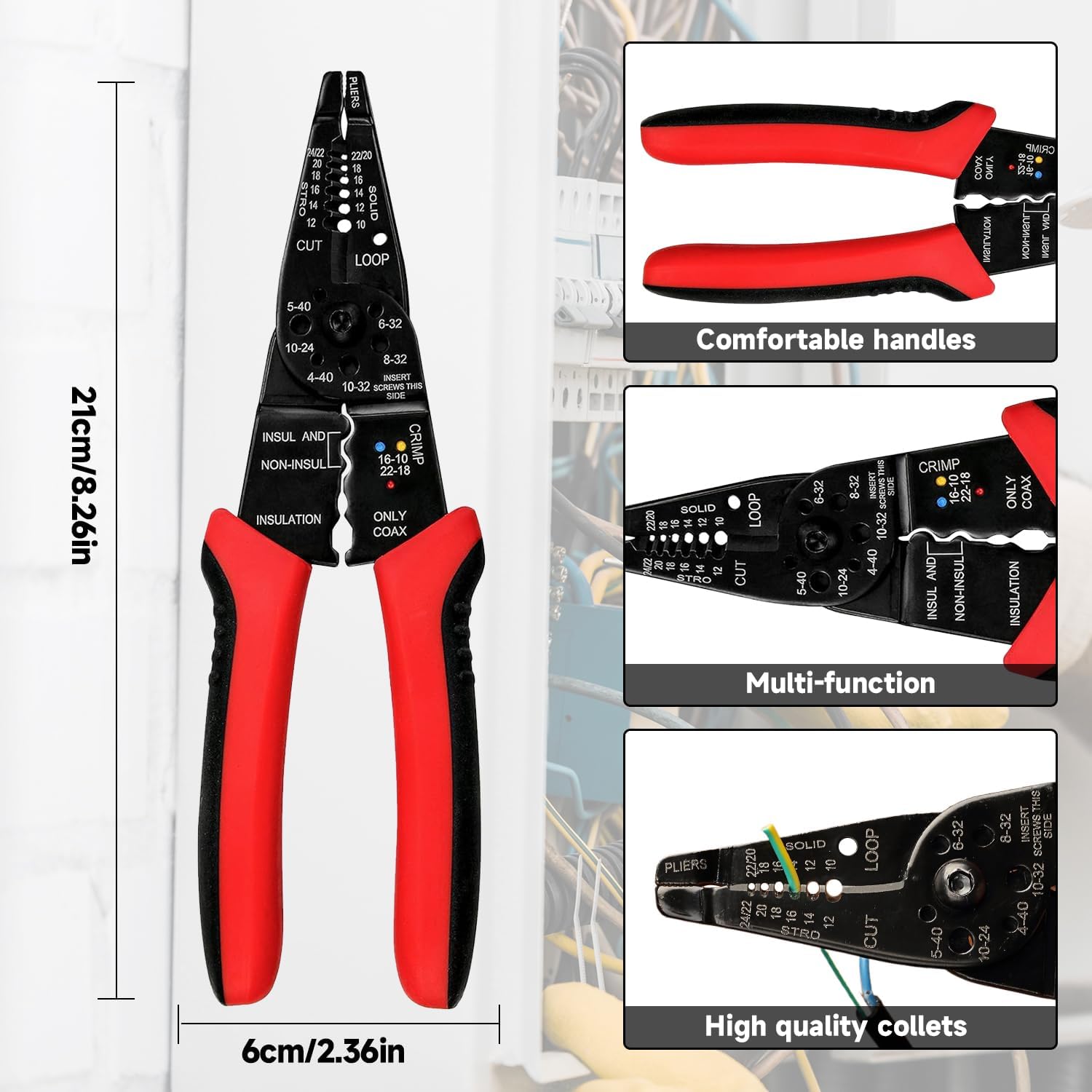 Wire Stripper Cutter Crimping Tool 8 Inch Multi-Function Cable Stripper 10-22 AWG Wire Stripping Tool with Screw Cutting Feature for Electrical Wiring Repair Use