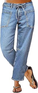 Flamingals Women's Mid Waist Straight Leg Drawstring Cropped Jeans | Stretchy, Straight Leg Jeans for Women, Mid Waist, Stretch Comfort, Drawstring