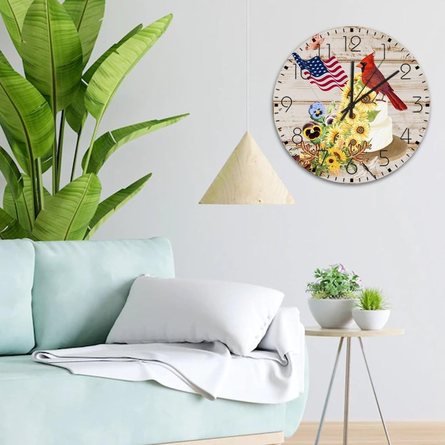 Silent Wall Clock Battery Operated Non Ticking 4th of July Patriotic Sunflower Cardinal Frameless Wall Clocks American USA Memorial Day Home Decor for Study Room Office Conference Room 15 Inch