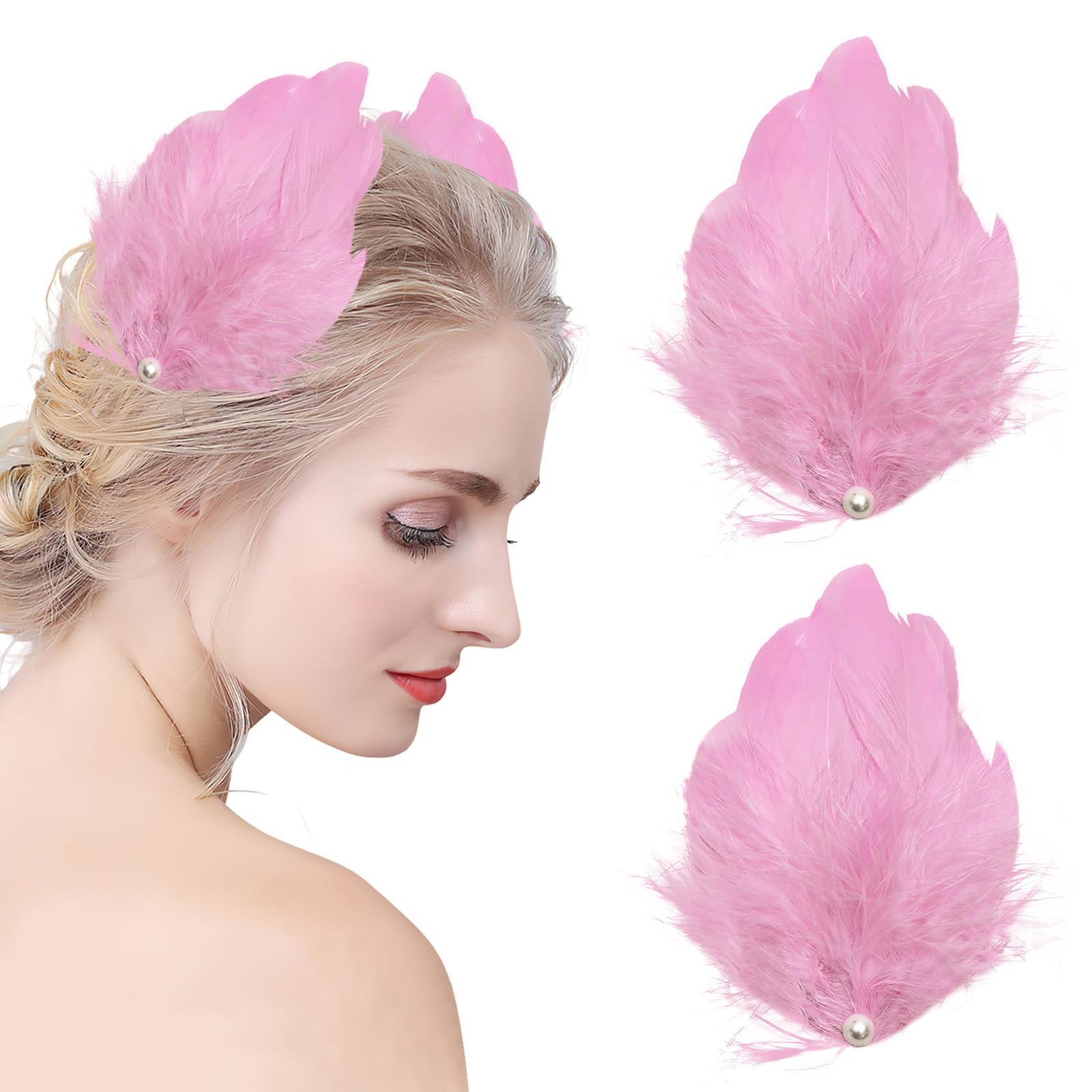 2 Pcs Swan Feather Hair Clips Ballet Style Pearl Ostrich Feather Hairpins Hair Accessories for Women Wedding Halloween Party (Pink)