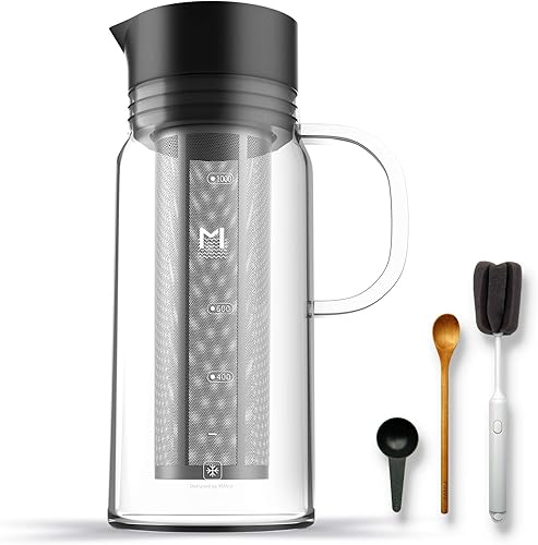 Cafetera de café frío, jarra de café helado de 34 oz1 L con filtro de acero inoxidable extraíble, jarra de cerveza fría de vidrio para café helado