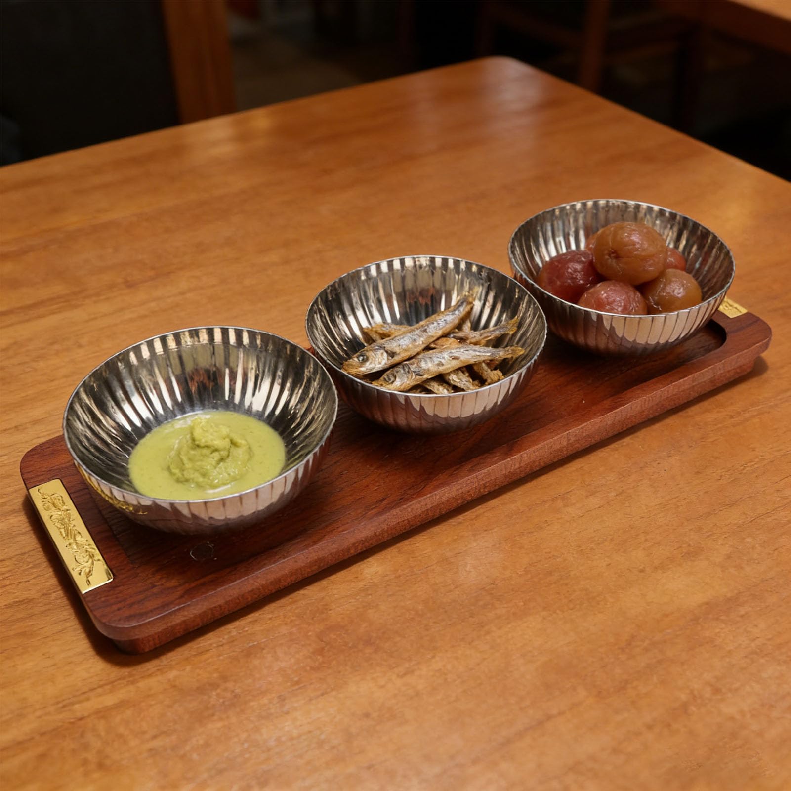 Buachois Juego de 3 cuencos para servir aperitivos de acero inoxidable con bandeja de