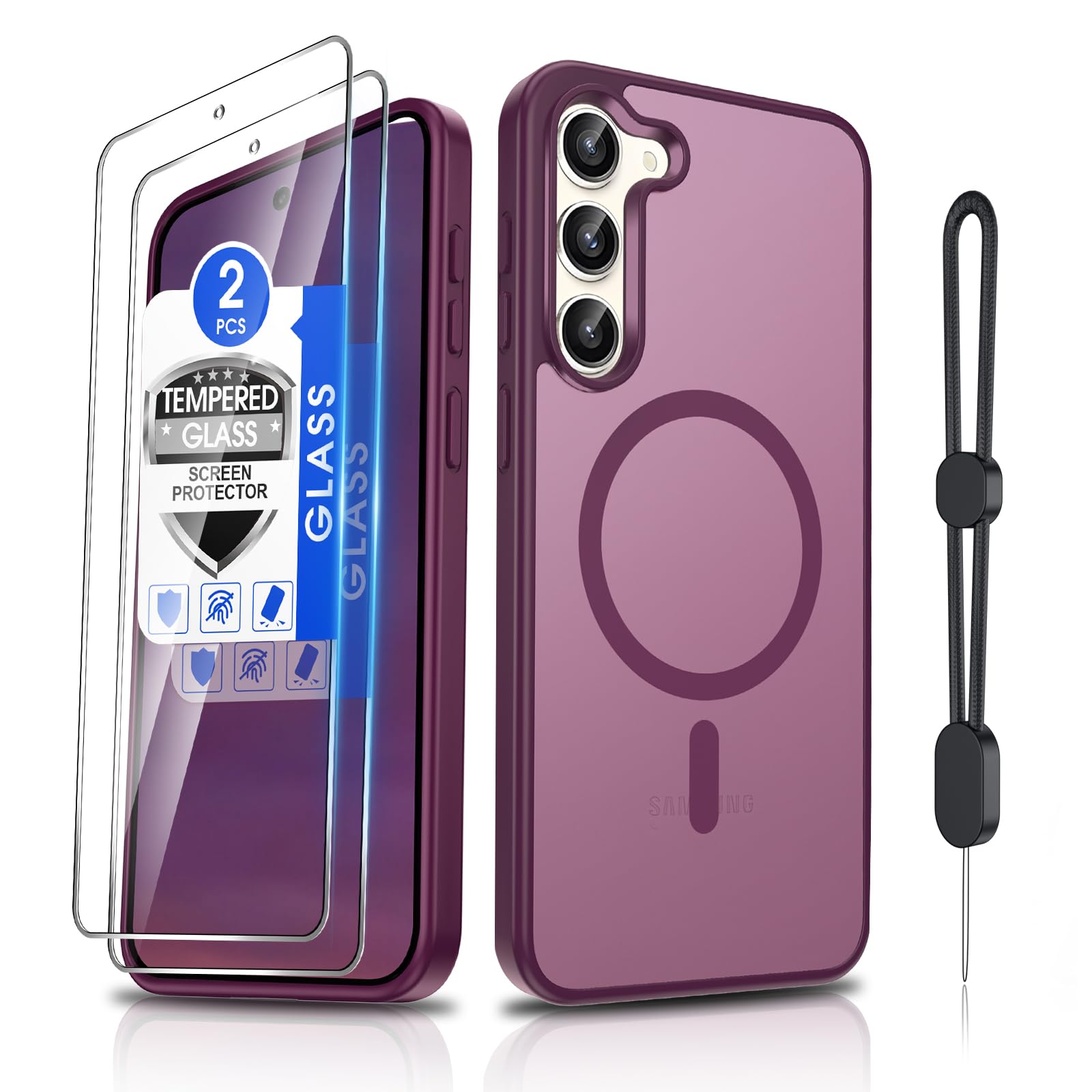 Dizn Magnetic for Samsung Galaxy S23 Plus Case:[Not Fit S23],with Tempered Glass Screen Protector,Strap，Compatible with MagSafe,Matte Translucent Cover &amp; Military Grade Shockproof for S 23+,Wine Red