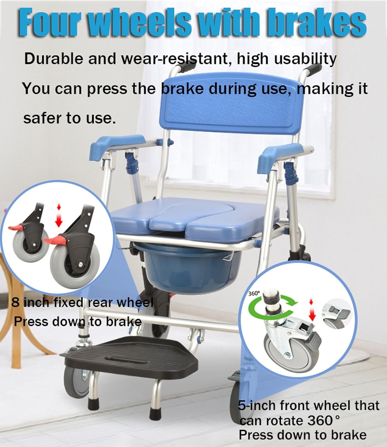 Commode Shower Chair with Wheels, 3-in-1 Folding Bedside Commode Chair for Toilet with Soft Cushion and Bed Pan, Shower Chair for Elderly and Disabled, Load Capacity: 330 lbs