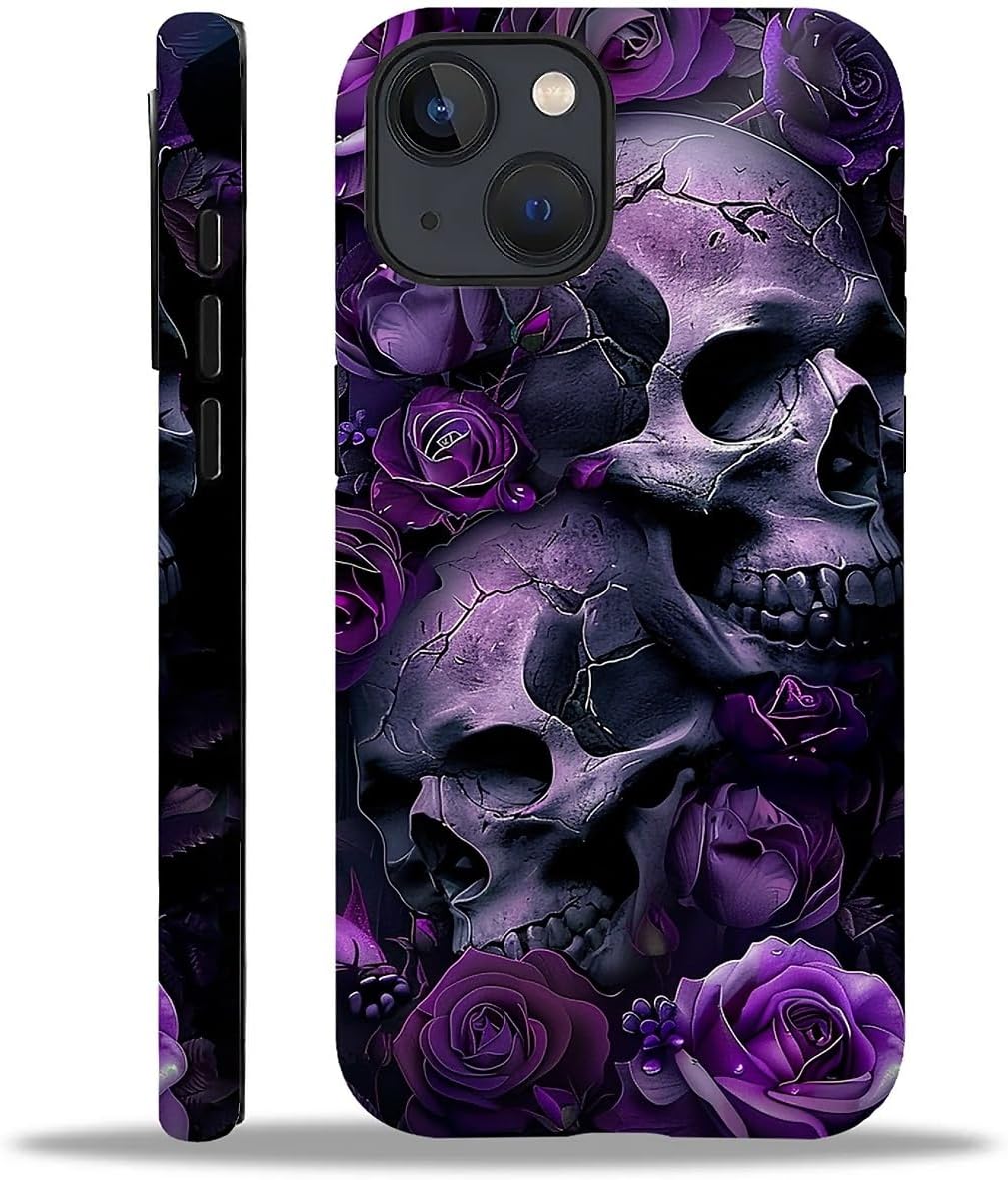 for iPhone 13/14 Case,Purple Skull Rose Pattern for Girl Women Boy Hard Hybrid Shell Shockproof Silicone Full Body Protective Case for iPhone 13/14