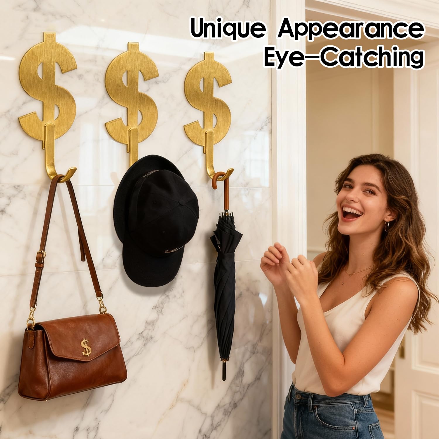 4 Pack Brushed Golden Dollar Sign Adhesive Towel Hooks Hold 6lbs Stainless Steel Self Adhesive Hooks — view 2