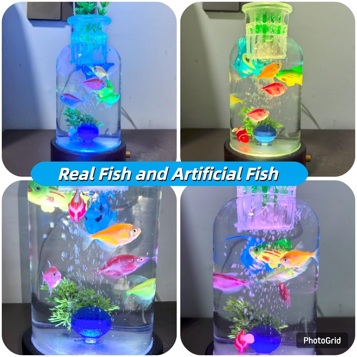 Sensorisches Blasen-Aquarium mit 3 künstlichen Fischen, 16-farbiges Nachtlicht, Mini-Glas-Tank mit künstlichen Pflanzen und Holzsockel, Luftpumpen-Stil, Schreibtischdekoration, Heimdekor, Geschenk für