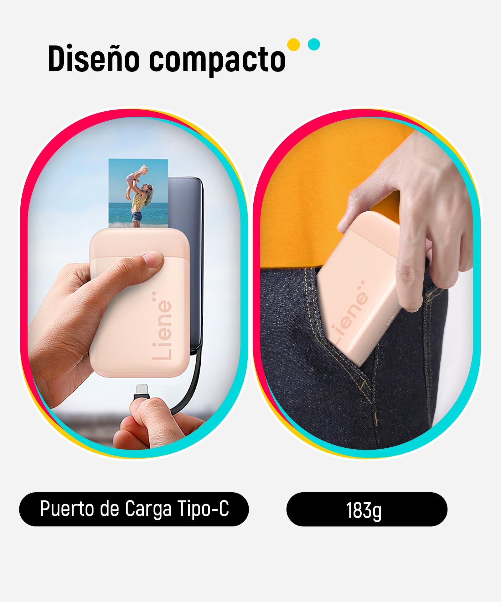 Liene Pearl K100 Impresora Foto Móvil, 2x3'' Impresora de Fotos Portátil con 50 Zink Papeles Fotográfico Autoadhesivo, Conexión Bluetooth 5.0, Compatible con iOS/Android, Mini Impresora (Rosa) - 4