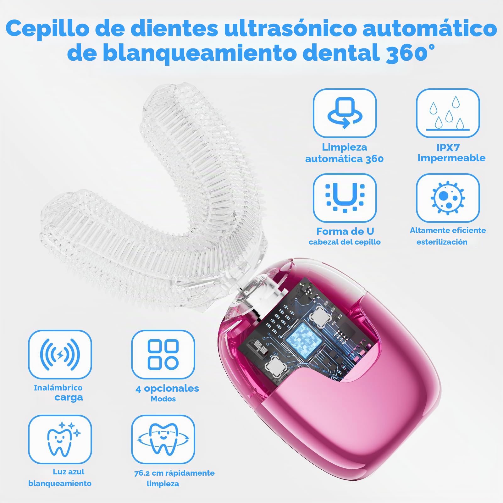 Cepillo de dientes eléctrico en forma de U para adultos: 360° de boca completa, limpieza rápida automática, blanqueamiento de dientes, recargable e impermeable IPX7
