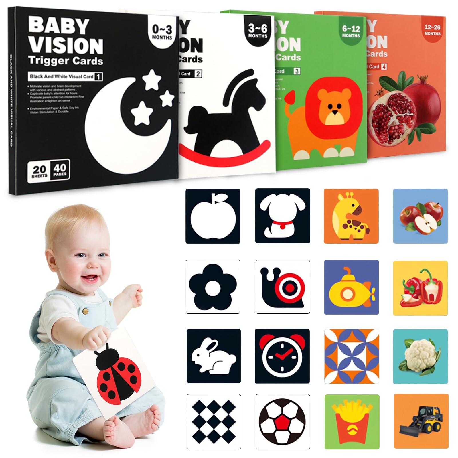 AKOFIC 160 Pages High Contrast Baby Sensory Cards, Black and White Baby Flash Cards, Visual Stimulation Sensory Toys, Newborn Essentials for Babies 0-12 Months, 80 Sheets