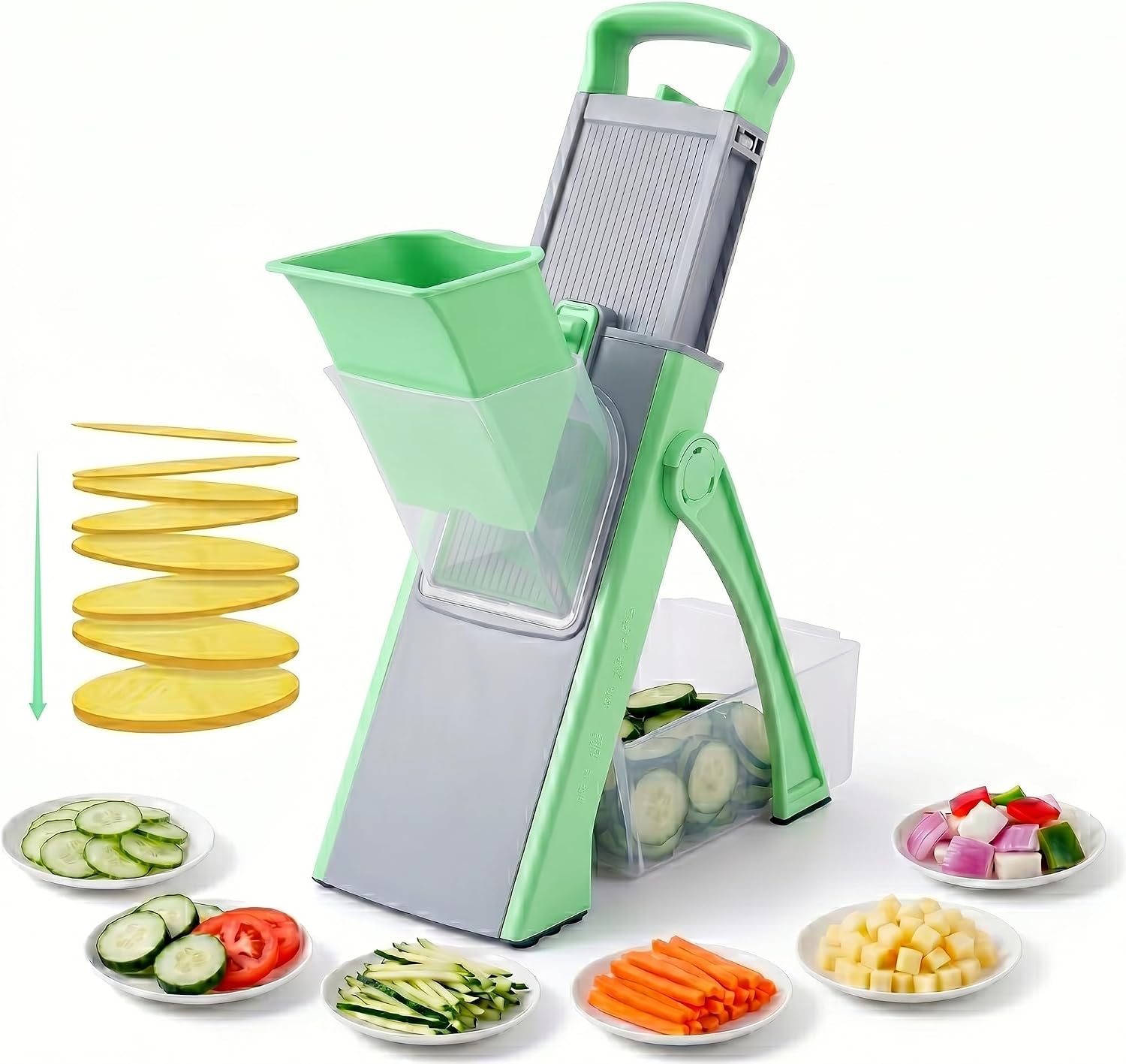 Mandoline Slicer Vegetable Cutter with Container - No Blade Change Needed, Adjustable 0.1-8mm Thickness, Stainless Steel, Hand Guard, Julienne Waffle Cuts for Meal Prep (Blue)
