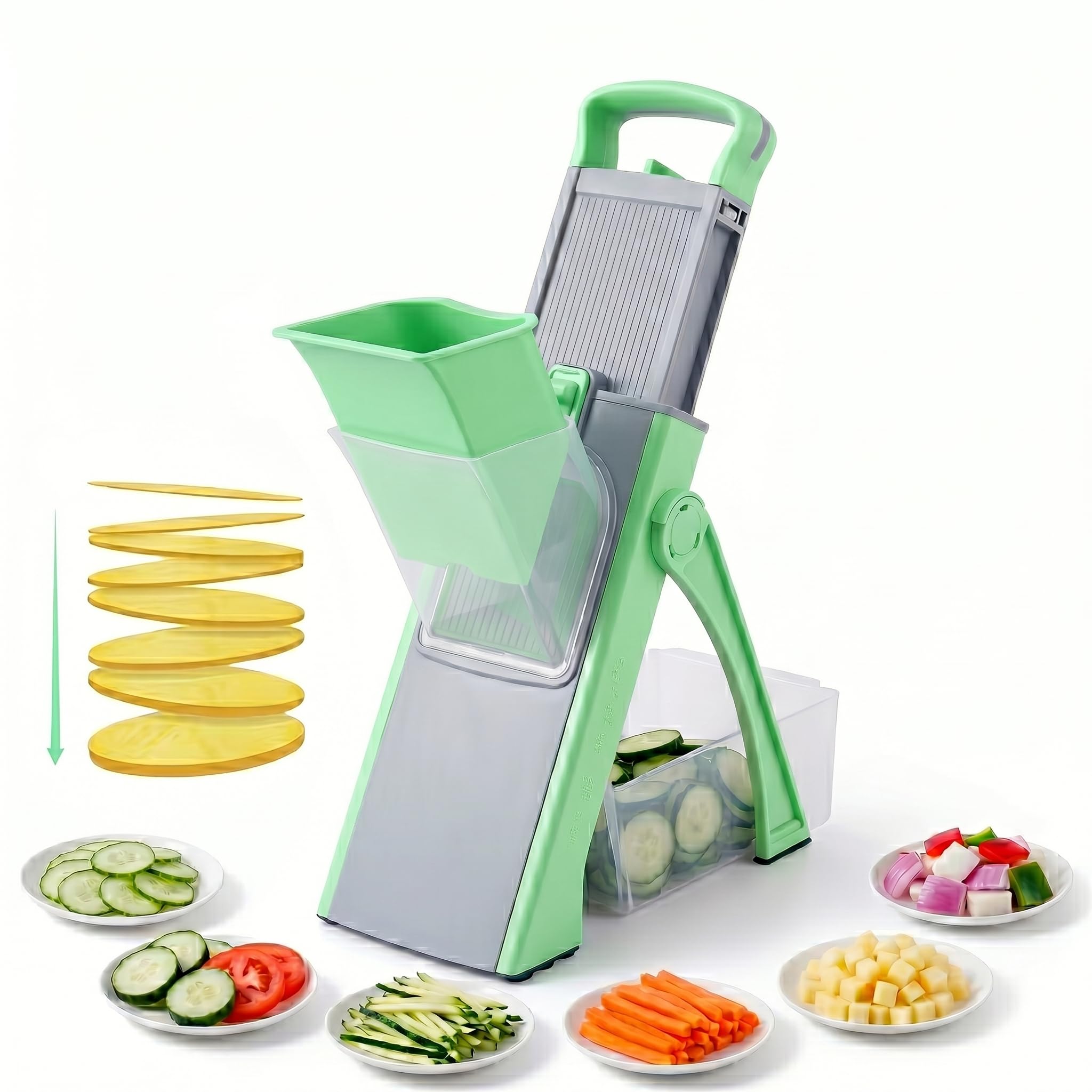 Photo 1 of PONDI Mandoline Slicer Vegetable Cutter with Container - No Blade Change Needed, Adjustable 0.1-8mm Thickness, Stainless Steel, Hand Guard, Julienne Waffle Cuts for Meal Prep (Green)