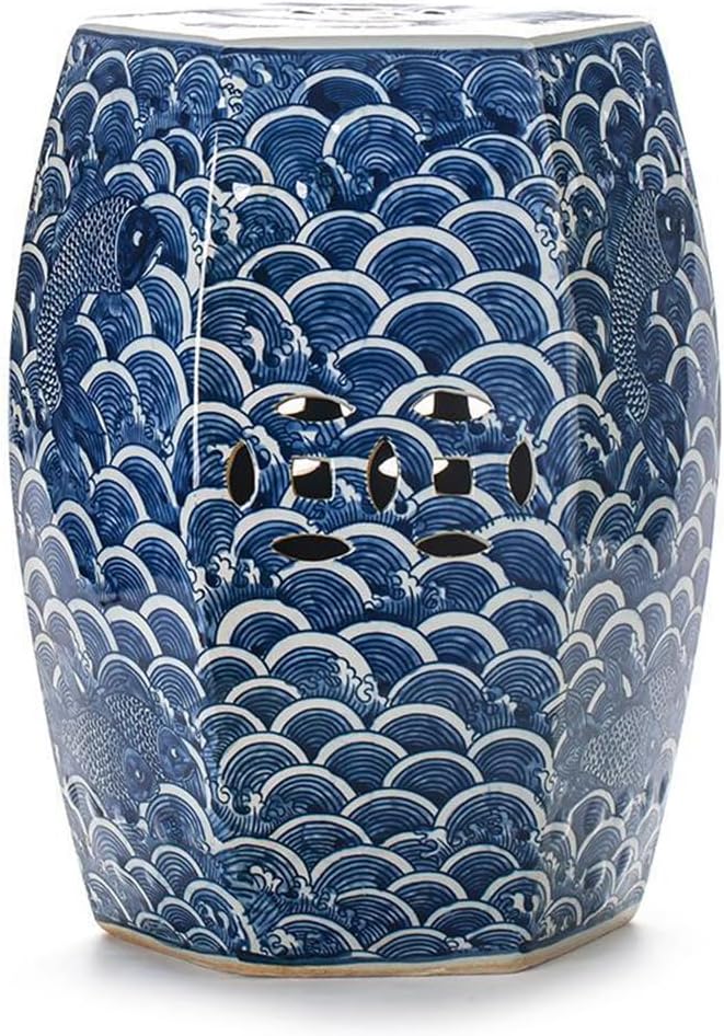 Glazed Ceramic Garden Stool, Blue and White Porcelain Decorative Stool, Chinese Style Drum Stool, Vintage Dressing Stool, Easy to Clean, Suitable for Terrace, Courtyard