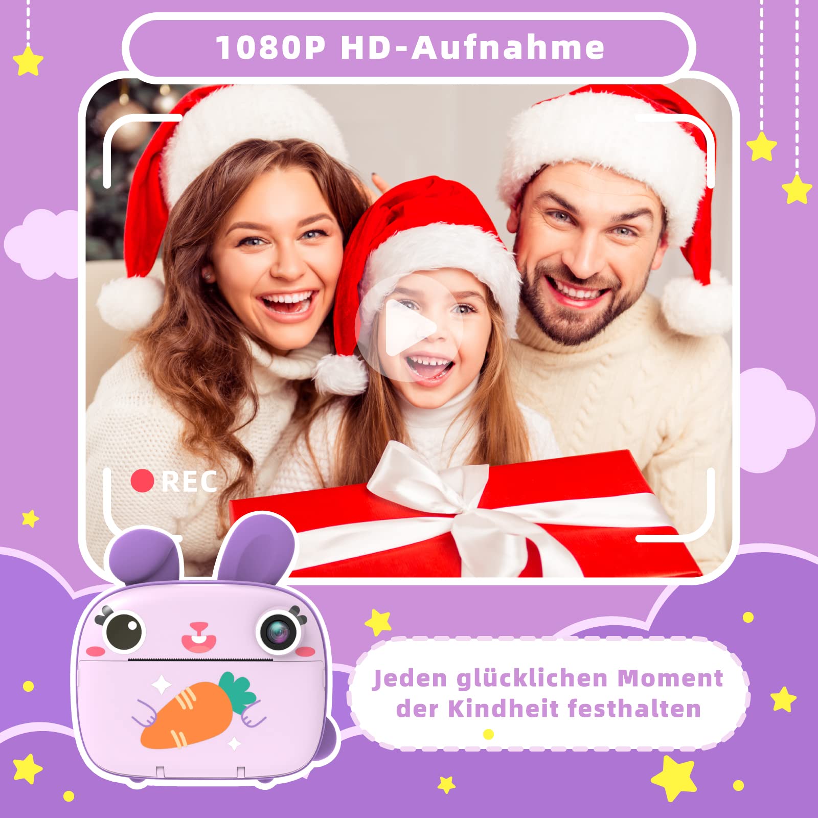 Kinderkamera Sofortbildkamera, CAMCLID Kamera Kinder mit 3 Rollen Thermopapier & 32GB Karte,DigitalKamera & VideoKamera mit 2,4" Bildschirm,Fotokamera Sofortbilder Geschenk für Mädchen Jungen (Lila)