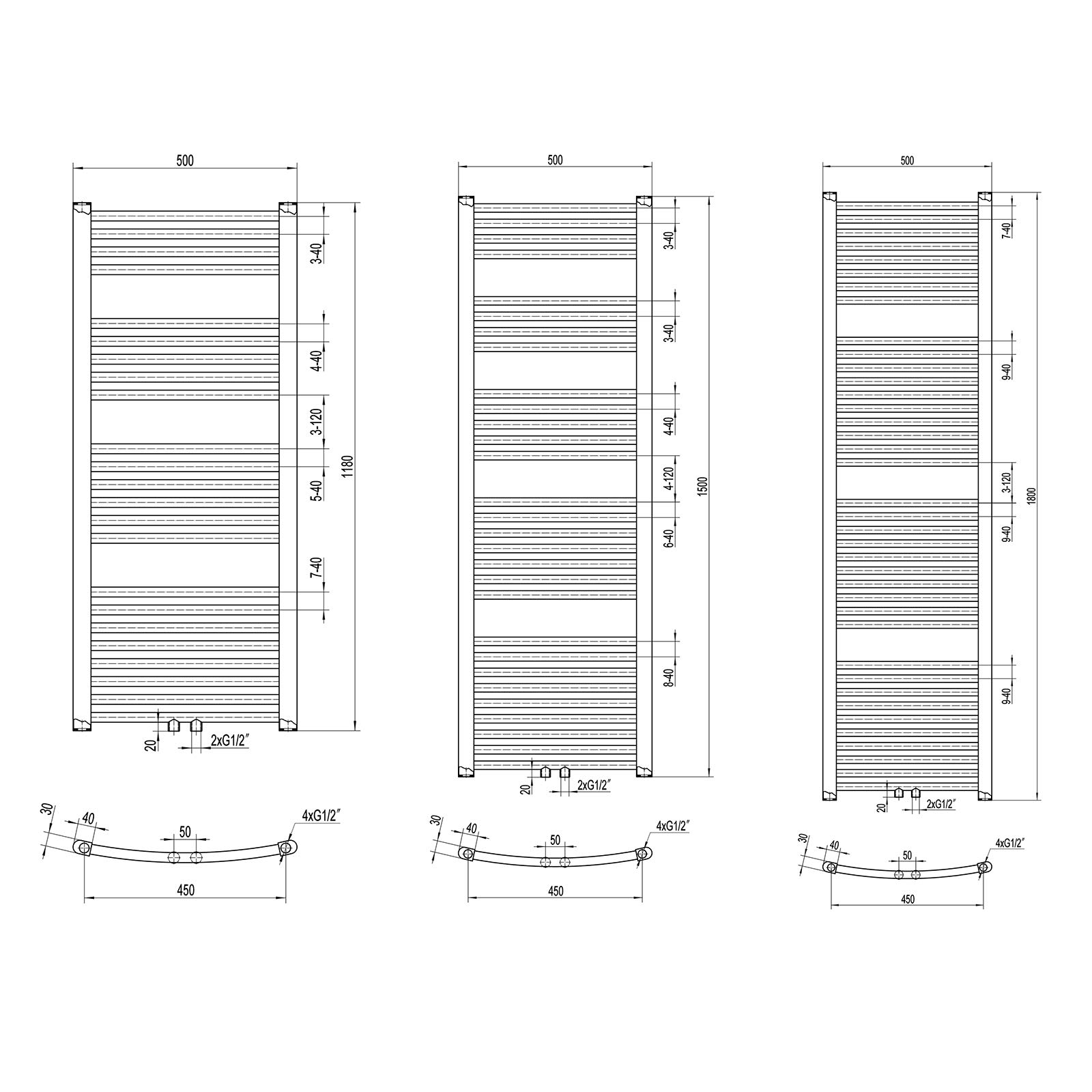 BERNSTEIN Badheizkörper Handtuchwärmer R20C Chrom gebogen - Größe wählbar, Größe:1180x500mm, Handtuchhalter:Ohne Handtuchhalter, Anschlussgarnitur:Ohne Anschlussgarnitur
