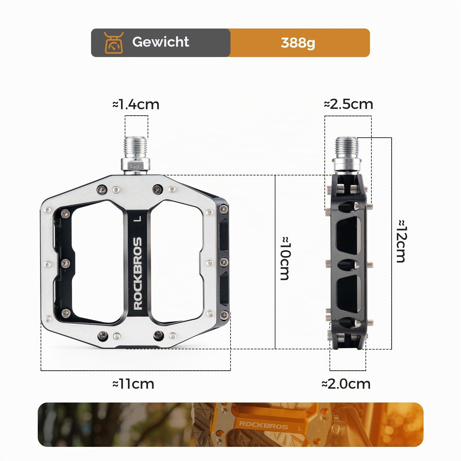 ROCKBROS Fahrradpedale & Flat Pedale aus Aluminium, 11×10 cm rutschfeste Plattform mit Anti-Rutsch-Pins, CNC-gefräst, 9/16"-Achse, für MTB, Gravel Bike, Trekking & Downhill