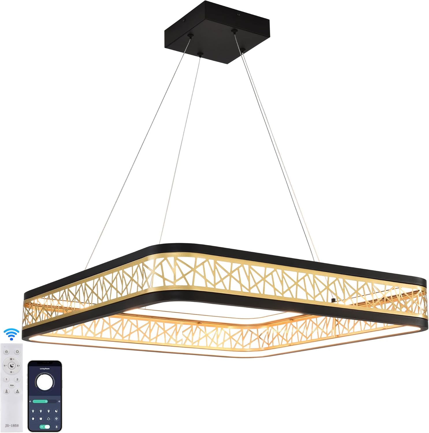 Modern Chandelier with Remote Control, Adjustable LED Chandelier Dimmable Chandeliers for Dining Room Living Room (Black & Gold, 23.6" Square)