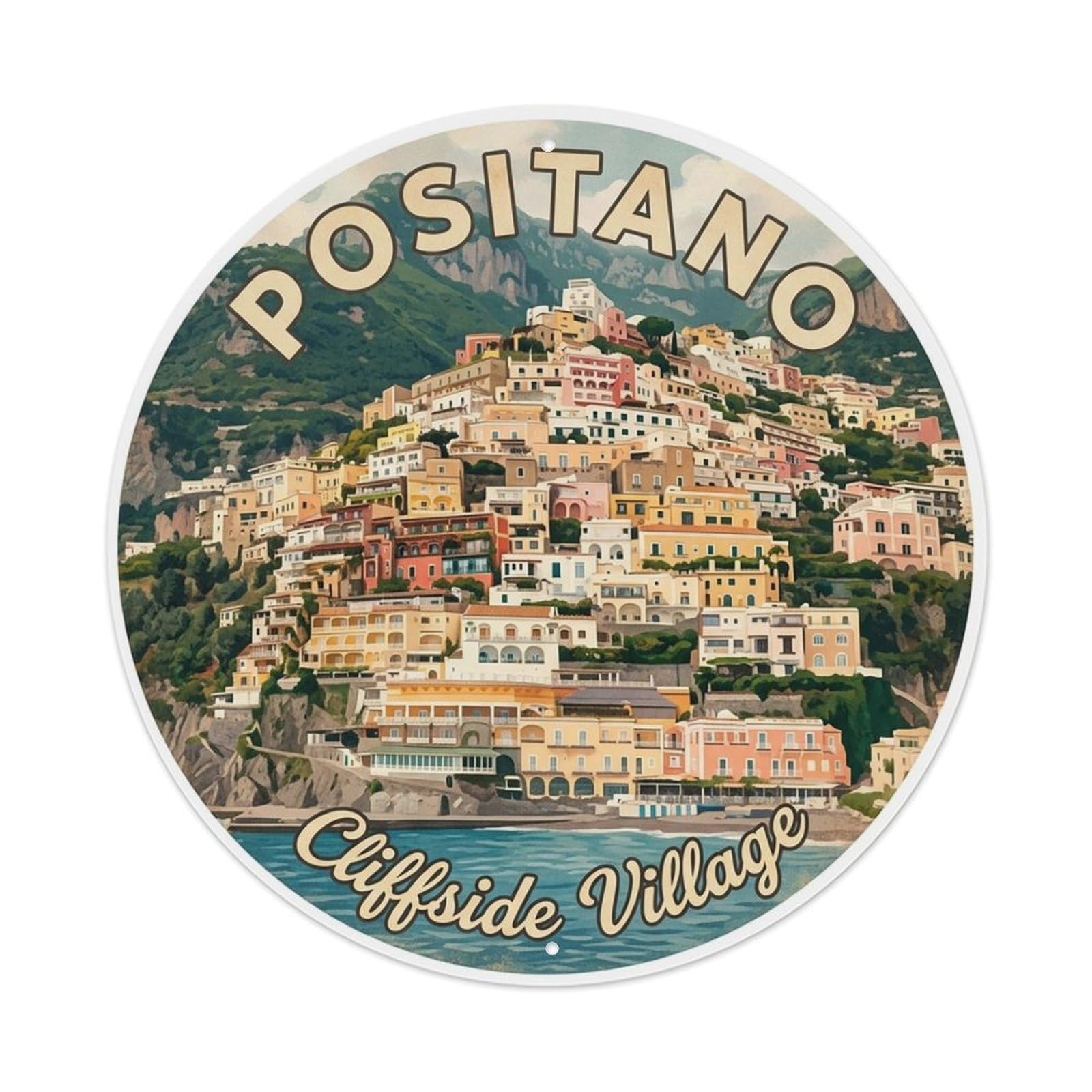 Adventure Positano Italy City Classic Destination Heritage Metal Tin Sign Plaque Wall Decor for Cafe, Man Cave, Club Bar, Office, Home Garden Round Metal Poster 8x8Inch