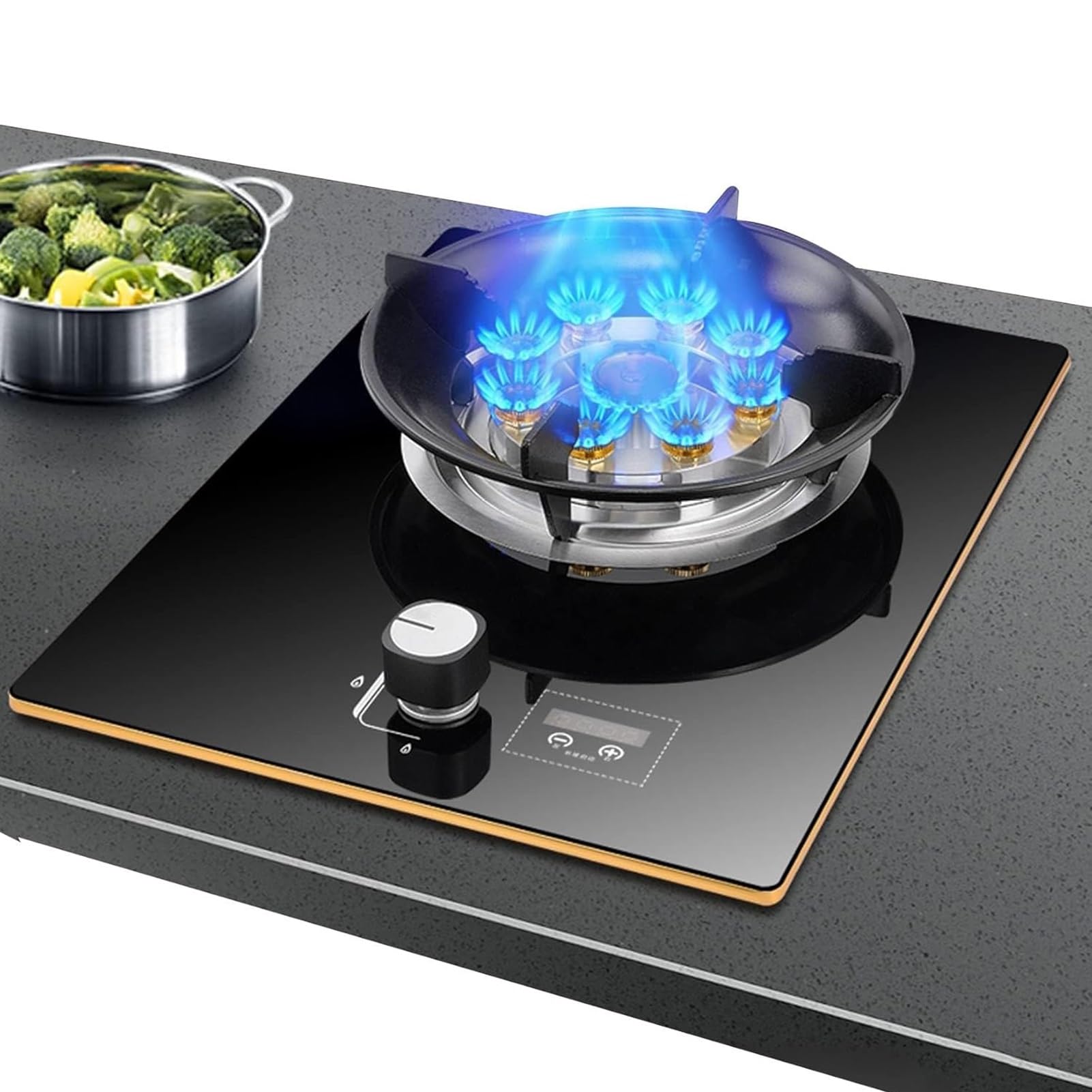 THEGA Cocina De Gas Individual, 5,2 KW, 9 Cavidades Llama Alta Programable, Rejilla Hierro Fundido con Cristal Templado, Apta para Cocinas Domésticas, Temporizador Protección(LPG)
