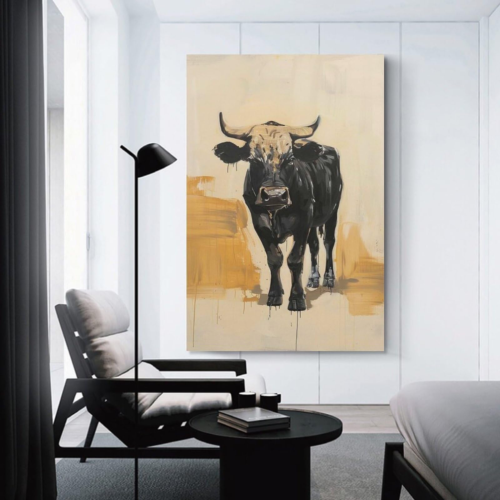 Junmoney Unframe-Style-21 Black Bull Painting Wall Art Print, 20X30inch(50X75cm), For Living Room, Bedroom, Office Or Hallway, A Flexible Wall Accent For Shared Spaces