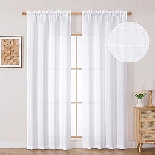 OVZME White Curtains 84 Inch Length 2 Panels, Faux Linen Textured Semi L...