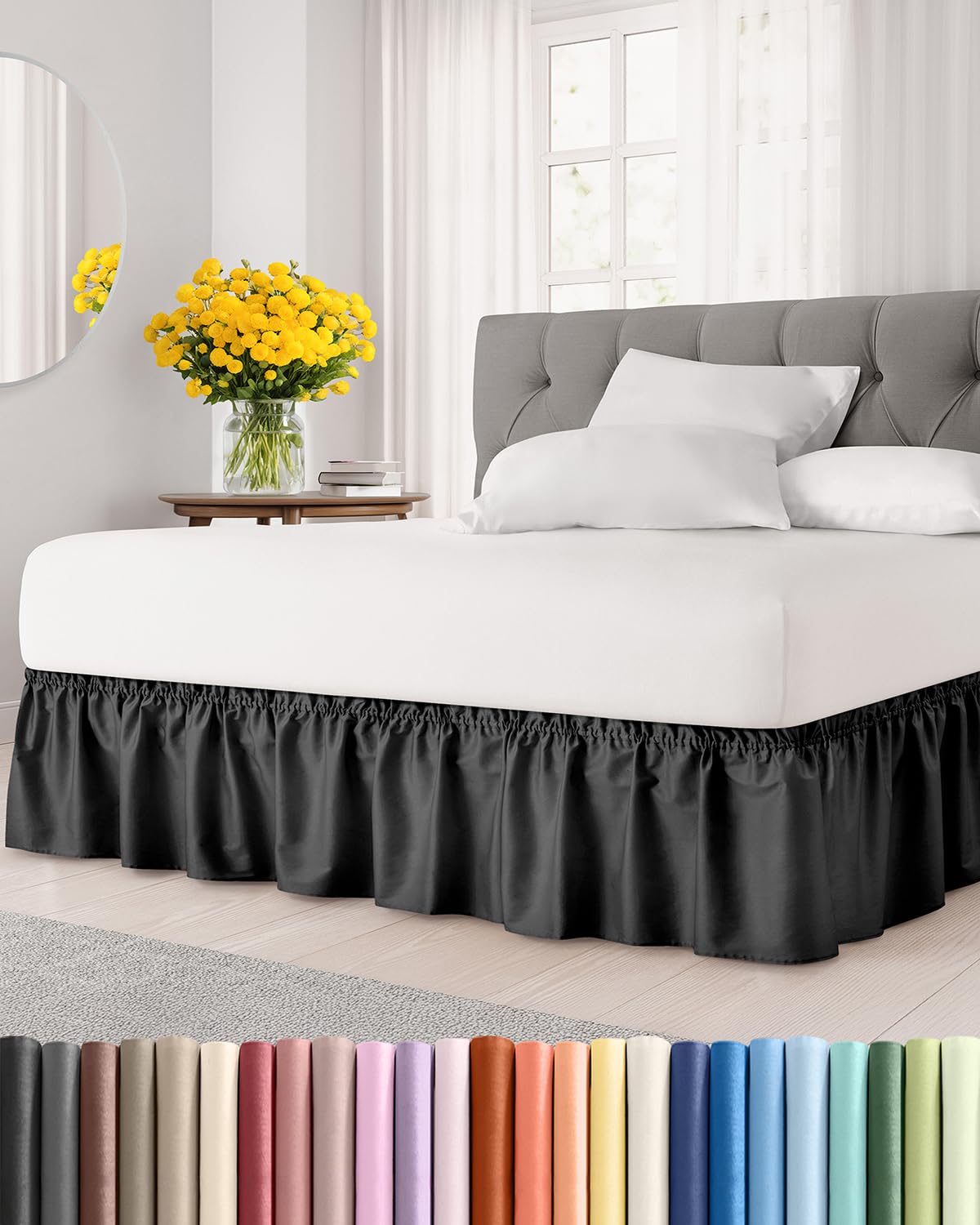 Wrap Around Dust Ruffle Bed Skirt - Black - Twin/Twin XL Size Beds with 12 Inch Drop - Easy Fit Elastic Strap - Adjustable Pleated Bedskirt w/Brushed