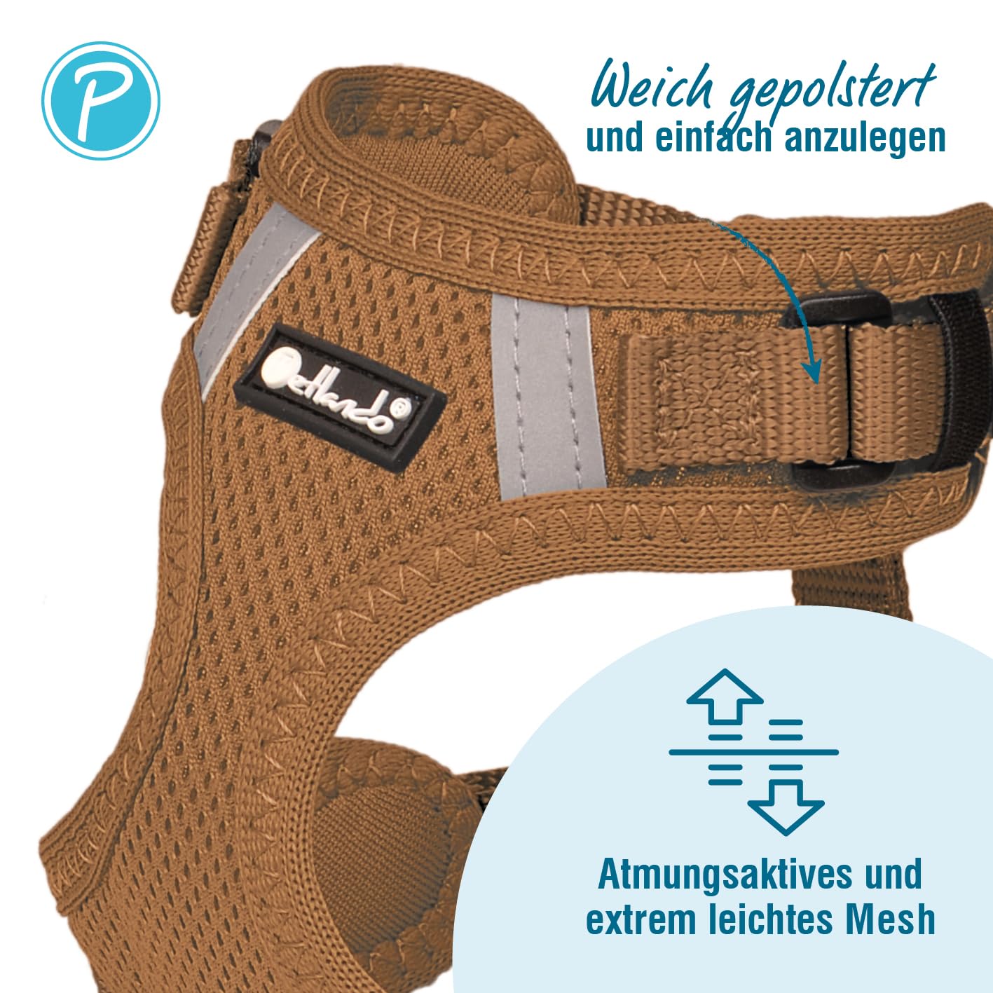 Petlando Hundegeschirr Mesh Vest, leichtes Brustgeschirr aus weichem Mesh & Nylon, stufenlos verstellbar, reflektierend mit 2 D-Ringen, Cognac XL, Geschirr Hund gepolstert